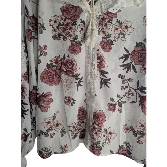 Pol Peasant Blouse Women's Sz S Lace Shawl Floral Cottagecore Feminine Flowy - Picture 7 of 11